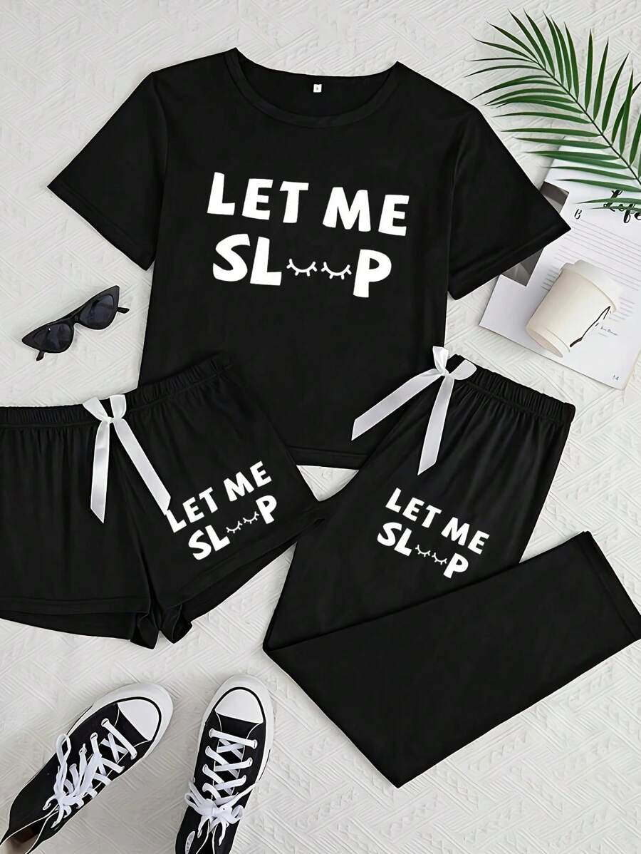 3pcs Women's Casual Minimalist Letter Print Pajamas Set