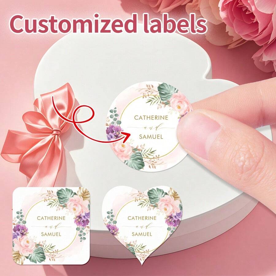 Gepersonaliseerde bloemenstickers voor bruiloften - Aanpasbare labels om namen en data toe te voegen aan bedankjes, uitnodigingen en geschenkdozen, perfect om een uniek tintje te creëren op uw grote dag