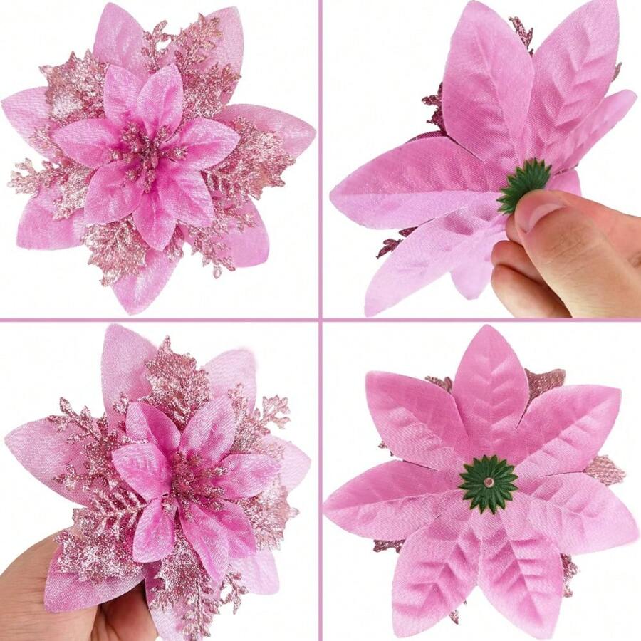 Lot de 20 décorations de Noël en forme de poinsettia avec clip, 14 cm, fleurs à paillettes pour décorations de Noël (rose)
