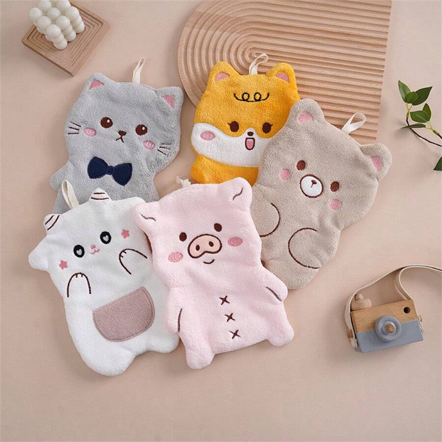 1pc Ultra-Soft Coral Fleece Hand Towel With Cute Cartoon Animal Pattern - Super Absorbent, Non-Shedding Bathroom Accessory