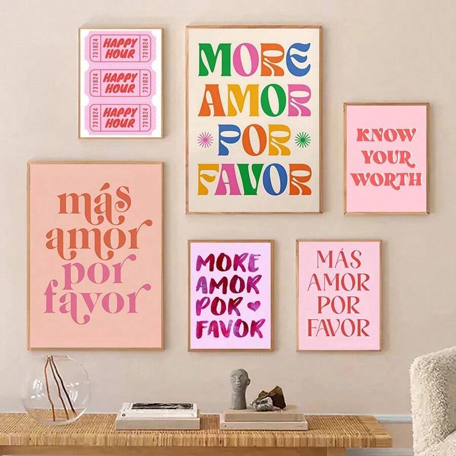 1PC Modern Nordic More Mas Amor Por Favor Spaanse Quote Posters Print Canvas Schilderij Trendy Roze Liefde Quote Muurkunst Kamer Huisdecoratie Geen Lijst