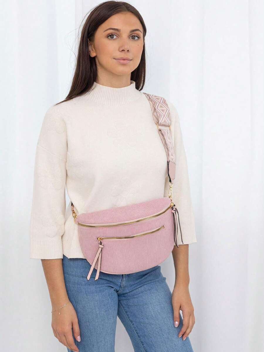 Modieuze casual fluwelen crossbodytas met dubbele rits en brede band van geweven stof