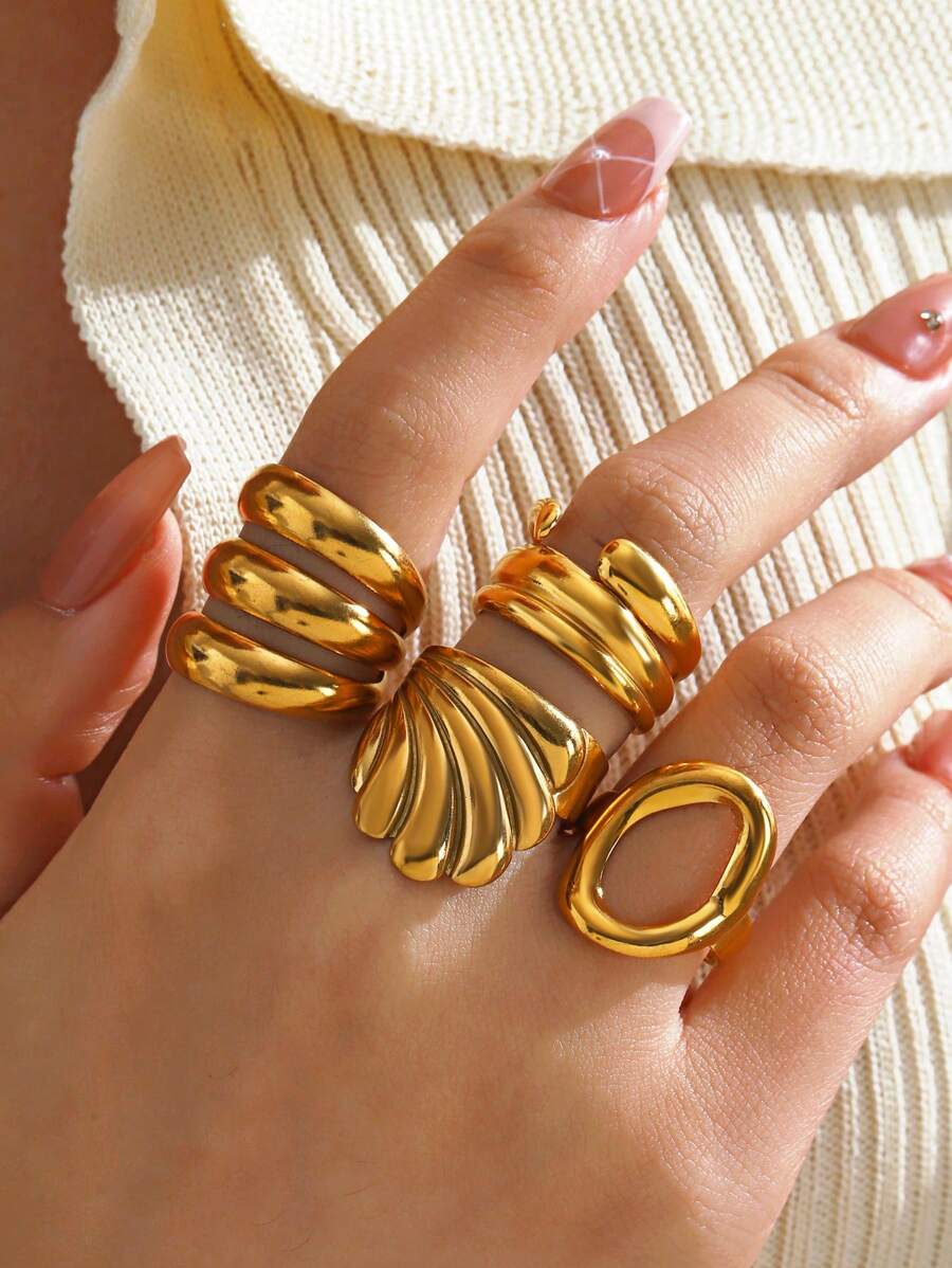Conjunto de 4 peças de anéis de linhas geométricas de aço inoxidável banhados a ouro 18K, adequados para uso diário feminino