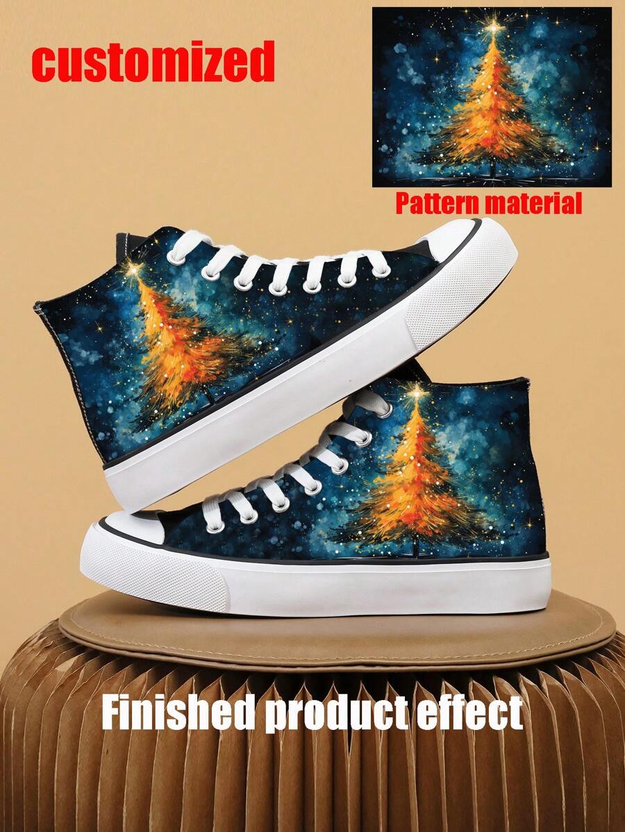 Customized Photo/Logo/Pattern Print Women's Sneakers Personalized Breathable Canvas Mid Top Lace Up Platform Soft Shoes, Anti-Skid Casual For Outdoor Daily,Gift For Halloween/Christmas/Thanksgiving Day