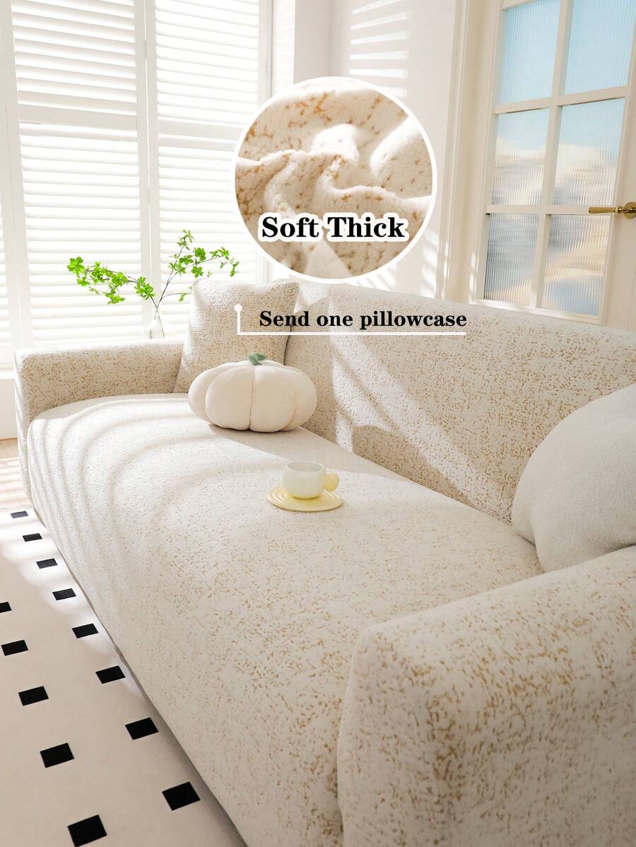 1pc Solid Color Bohemian Style Jacquard Sofa Cover, Elastic Jacquard Sofa Slipcover, Protects Sofa From Cat Scratches, Suitable For All Seasons, Includes Pillow Case