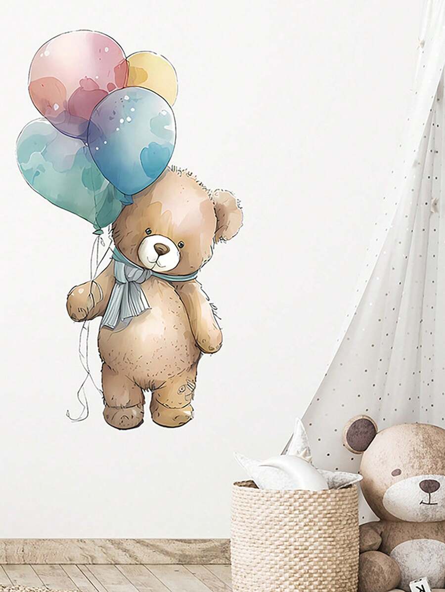 1pc Colorful Balloon Cute Bear Plush Sticker, Cartoon Balloon Rabbit Decor For Kids Room Nursery Stickers Personalised Stickers