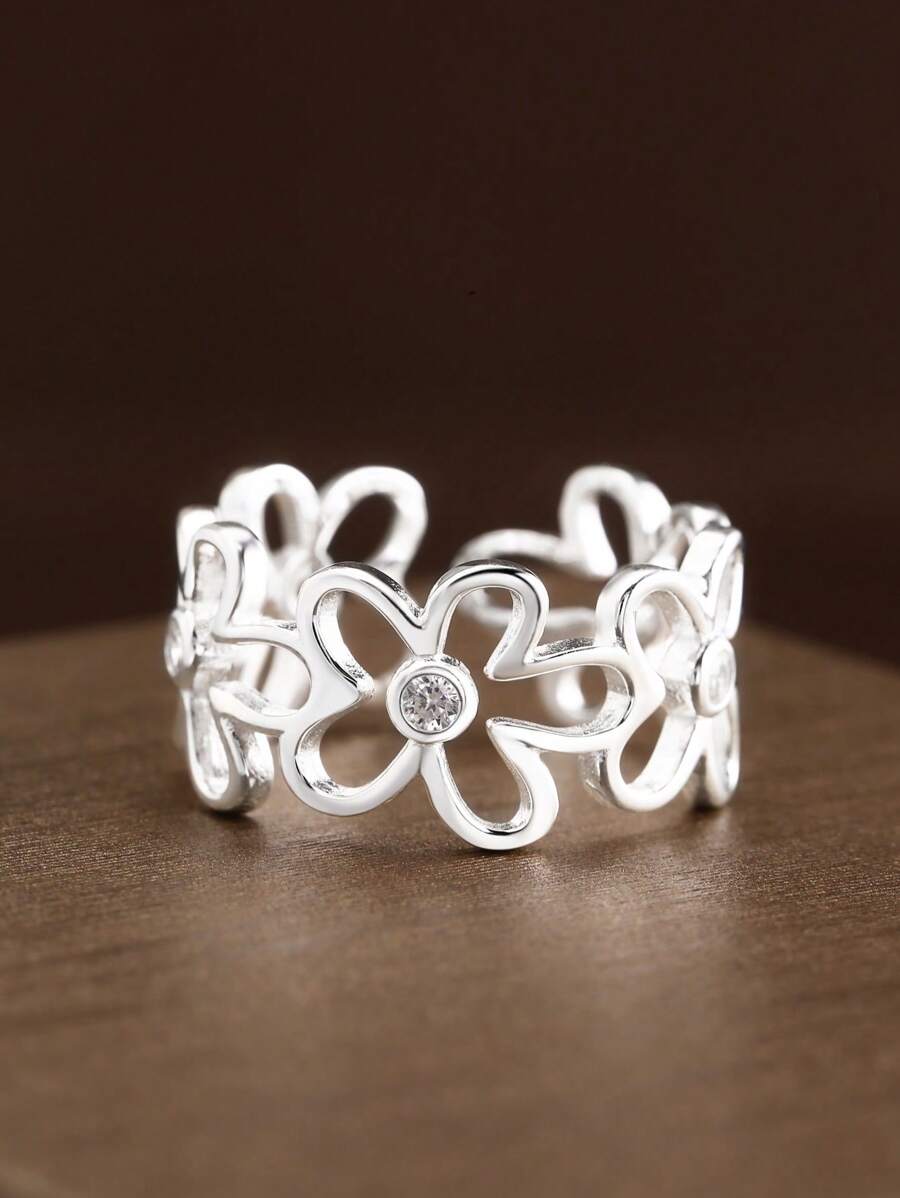 1 st. S925 Sterling Zilveren Holle Bloem Strass Verstelbare Open Ring, INS Minimalistische Chic Veelzijdige Unieke Zilveren Ring Voor Vrouwen