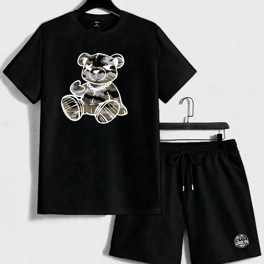 Conjunto Urso Camuflado Neon Camiseta Algodão + Short Tectel Elastano Masculino Adulto