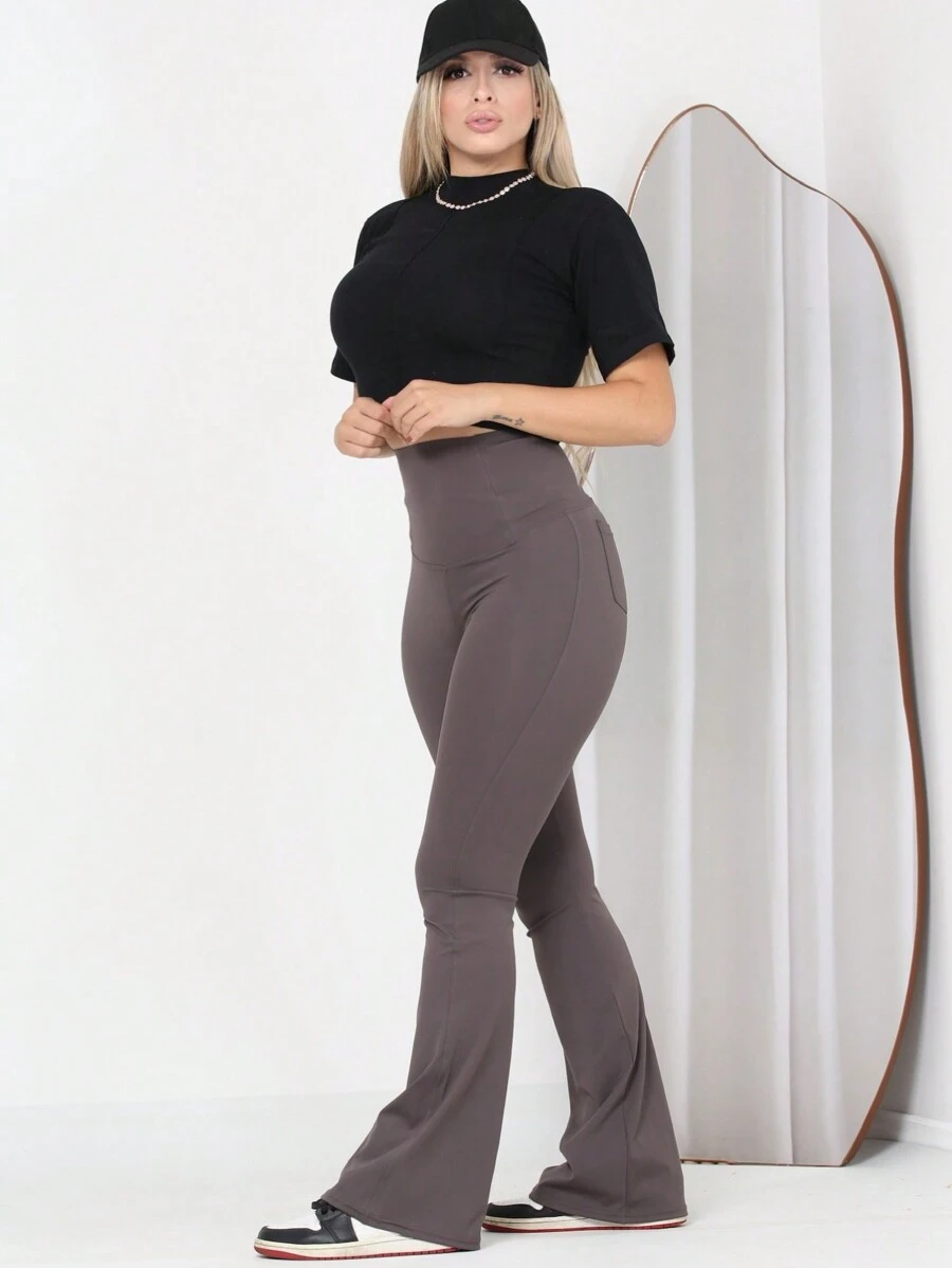 calça feminina legging flare barra larga empina bum bum suplex poliamida mega power