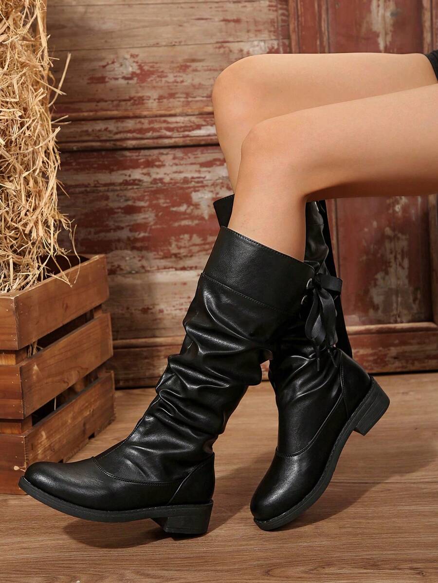 Women Knee-High Boots, Casual Mid-Heel, Retro, Classic Round Toe, Bowknot Lace Up Fashion Boots