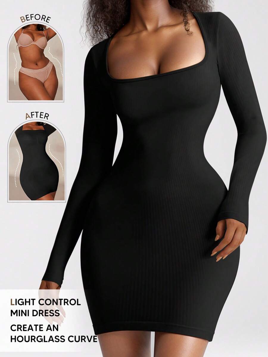 Women's Black Bodycon Tight Dress Square Neck Ribbed Long Sleeve Slim Fit Mini Dresses