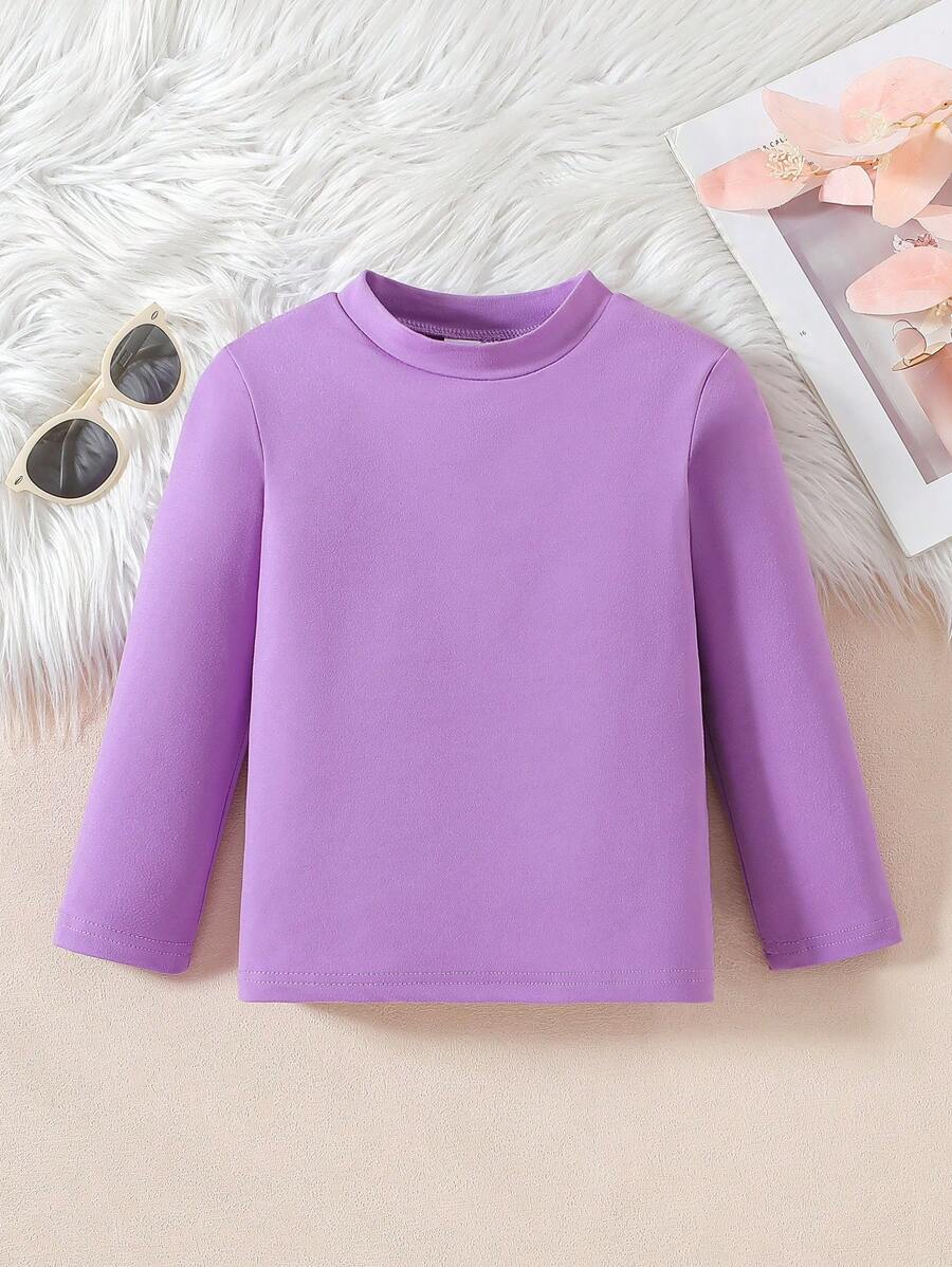 Young Girl Classic Solid Color Warm Crew Neck Base Layer Top, Versatile Long Sleeve Essential For Everyday Wear