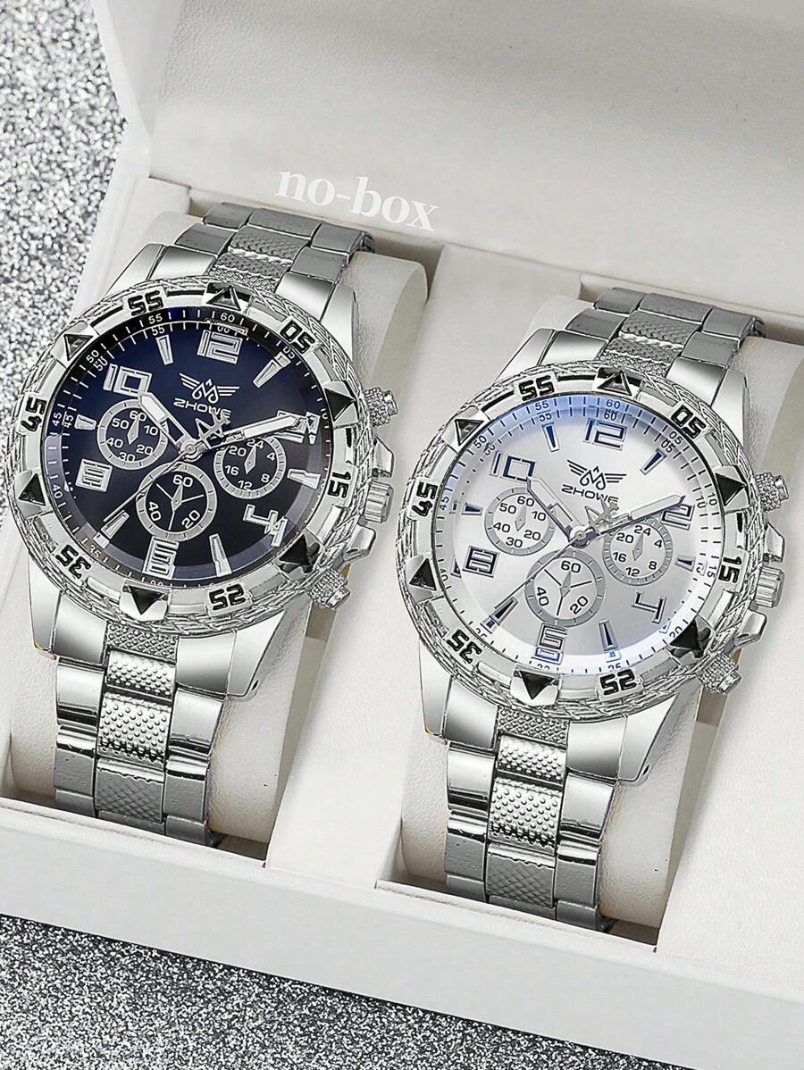 2PCS Men's Silver Stainless Steel Strap Elegant Business Style Quartz Watch Set, Suitable For Party Decoration, Leisure Travel
