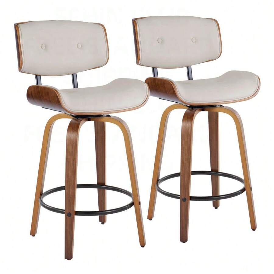 Lombardi 26" Mid-Century Modern Fixed-Height Counter Stool With Swivel In Walnut Wood And Cream Faux Leather With Round Black Metal Footrest By LumiSource - Set Of 2