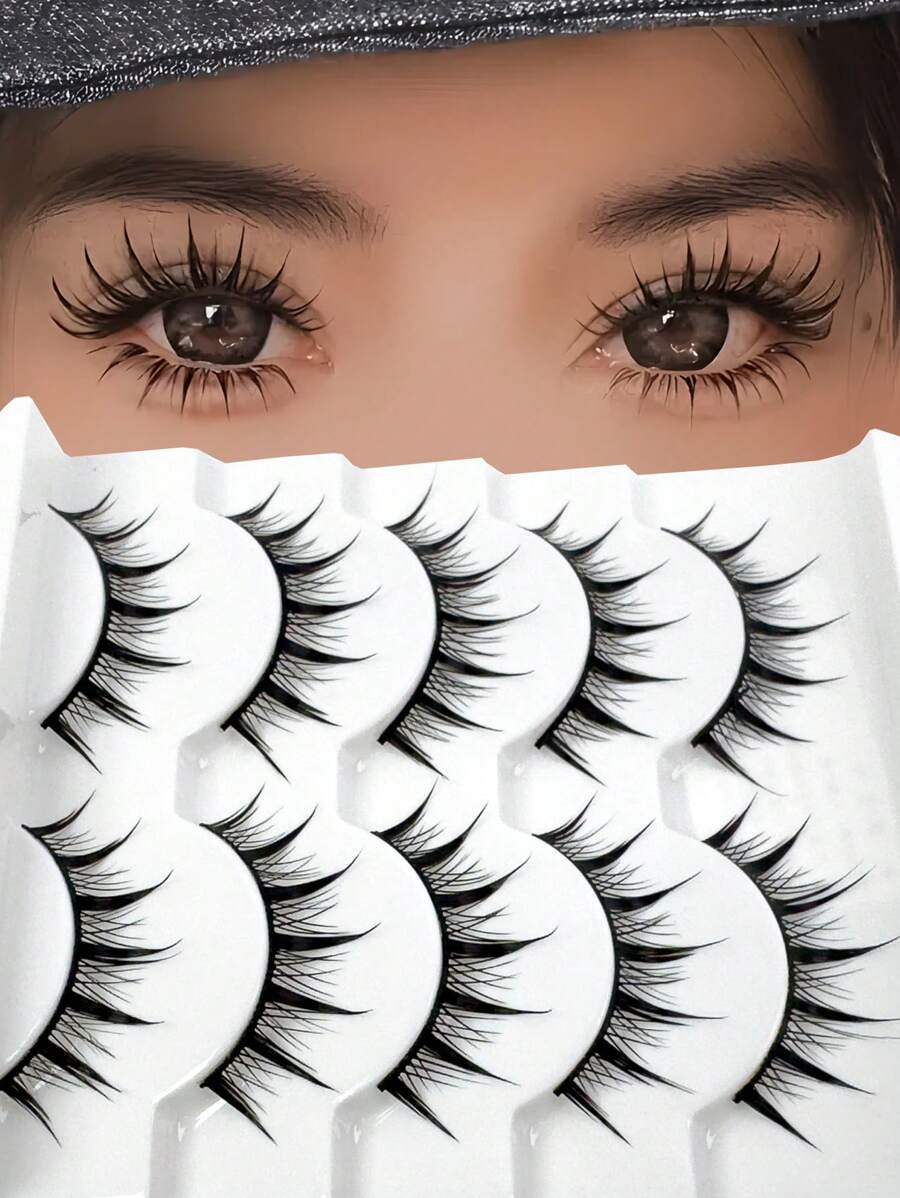 5 Pairs Pointed Tip Cartoon Style False Eyelashes, 12mm Black Stems, Japanese Anime Inspired Lashes, Demon Style & Natural Look Eyelashes