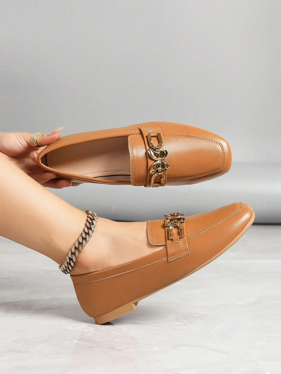 Women's Casual Flat Square Toe Shoes With Metal Buckle, Brown Loafers