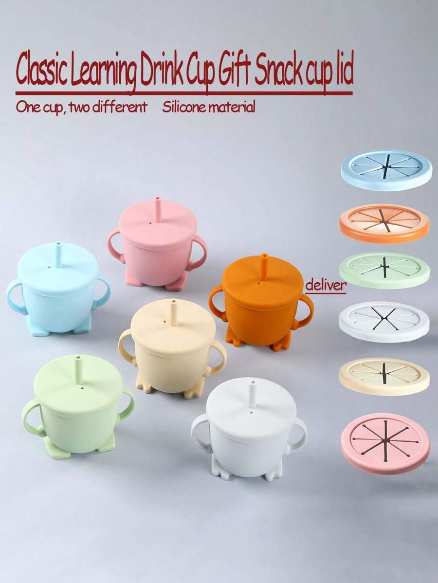 1pc Silicone Cup With 1pc Snack Lid, Infant Baby Training Cup, Anti-Spill Milk/Water Cup With Handles & Straw, Children Beverage Cup