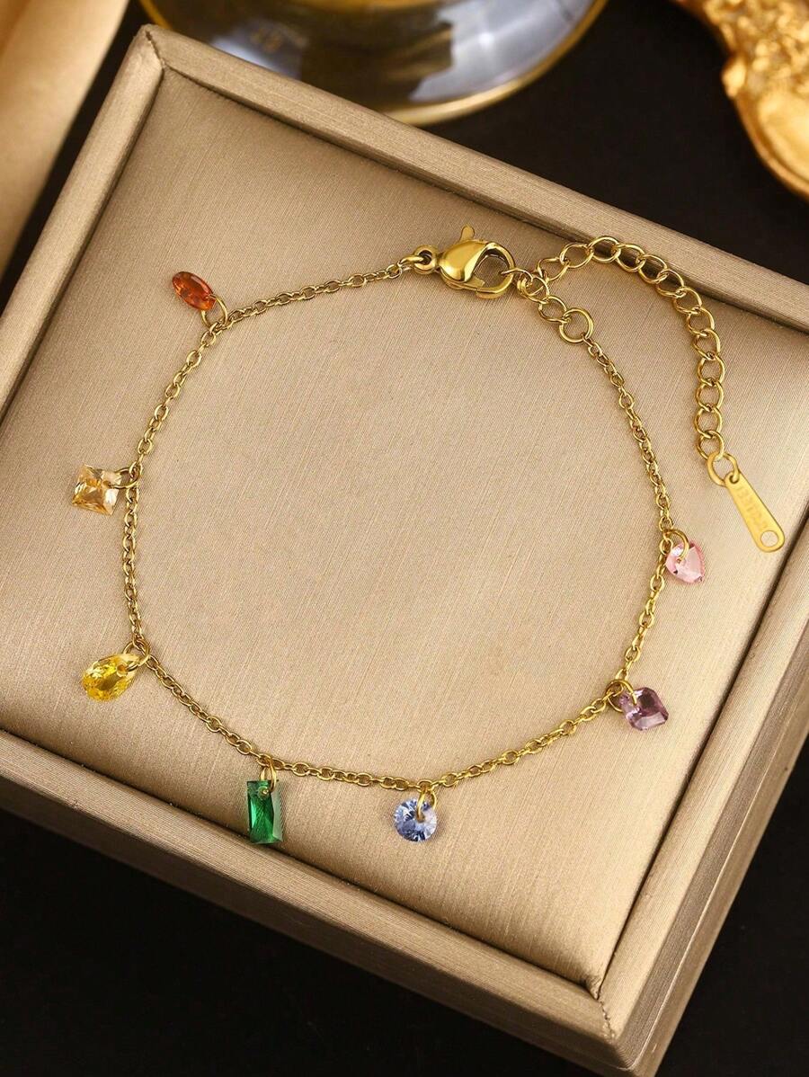 1pc Elegant & Chic Glass & Rhinestone Decor 18k Gold-Plated Stainless Steel Bracelet, Suitable For Women's Daily Life & Outfit Or As Gift