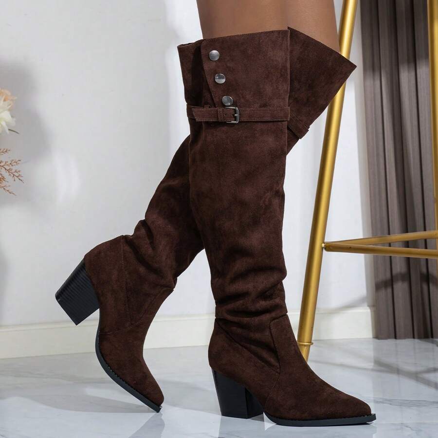 Women's Red Pointed Toe Faux Suede Over-The-Knee Fold-Over Slouchy Western/Riding Boots, Autumn/Winter