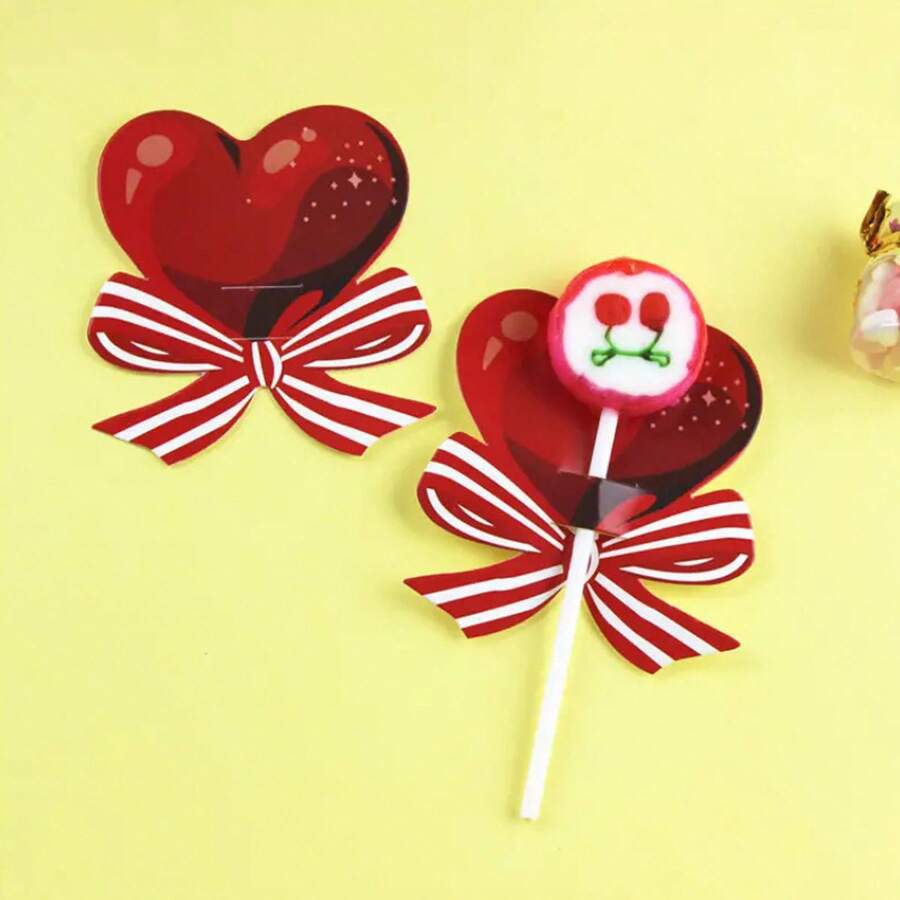 50pcs/100pcs Heart-Shaped Candy Card Holder Decoration Bow Lollipop Paper Card Insertion Cardboard Card Date Proposal Marriage Lollipop Paper Card DIY Decoration Greeting Card Birthday Mother's Day Teacher's Day Father's Day Party Decoration Wedding Anniversary Wife Parents Friends Small Gift Love Small Card (Excluding Candy)