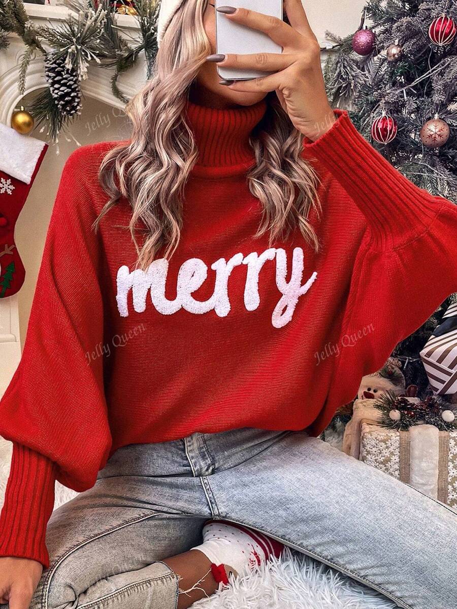 Women's Simple High Neck Letter Graphic Loose Fit Sweater, Autumn/Winter