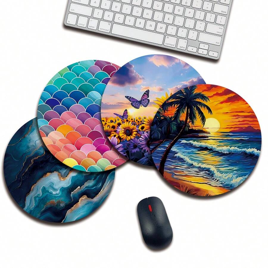 1pc Sunset Beach Butterfly Design Round Mouse Pad, With Anti-Slip Rubber Base Small Portable Travel Mouse Pad, Suitable For Work Wireless Computer Laptop, Office Desk Accessory