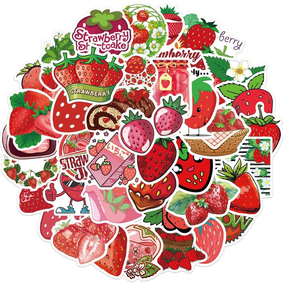 50 Piezas Pegatinas de Dibujos Animados de Fresa para Portátil, Botella de Agua, Equipaje, Taza, Teléfono, Tableta, Cantimplora, Bicicleta, Cuaderno, Coche