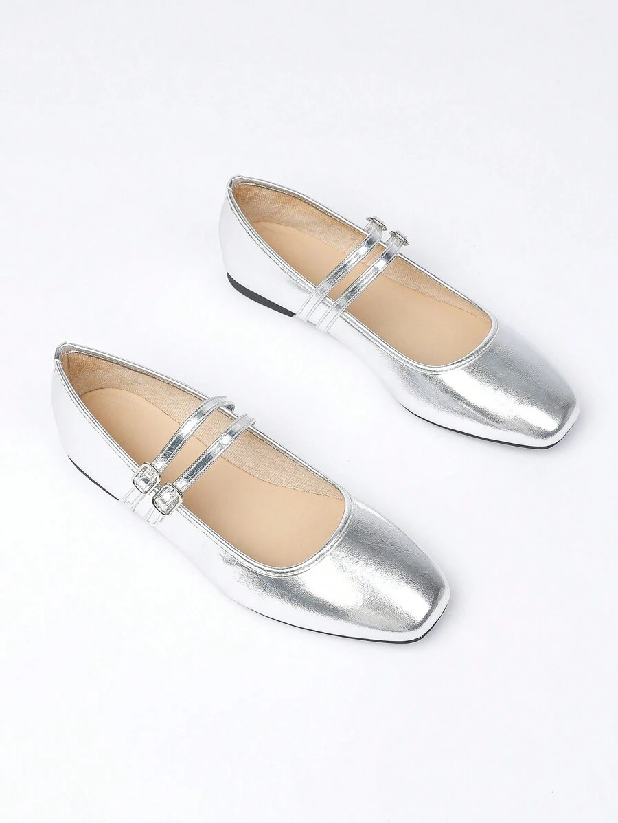 Women's Silver Square Toe Flat Shoes With Fashionable Single Buckle Strap, Simple Design Elegant Casual French Retro Mary Jane Flat Loafers Suitable For Daily Commute And Gathering