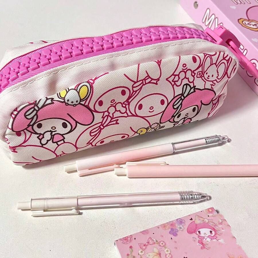 Sanrio 1 pieza Estuche de lápices de lona con Mi Melodía, lindo diseño de personaje de dibujos animados con gran capacidad de cierre - Estuche de almacenamiento de artículos de papelería autorizado para bolígrafos y útiles escolares