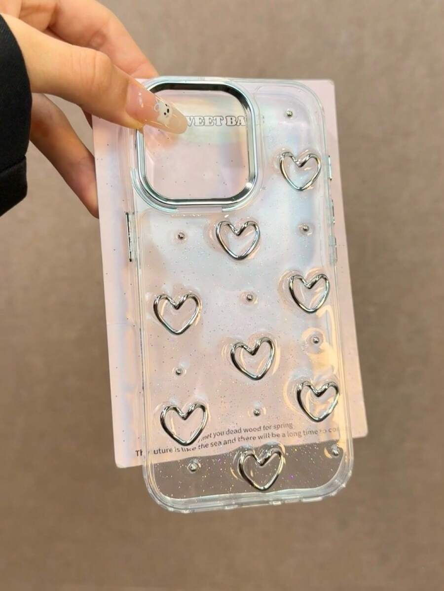 Epoxy Resin 3D Pearl Heart IPhone 16E/15 Phone Case, Fit For Apple 14/13 Pro Max, Transparent Hard Shell, Premium Elegant Silver Color, Unique Korean Style, Suitable For Women