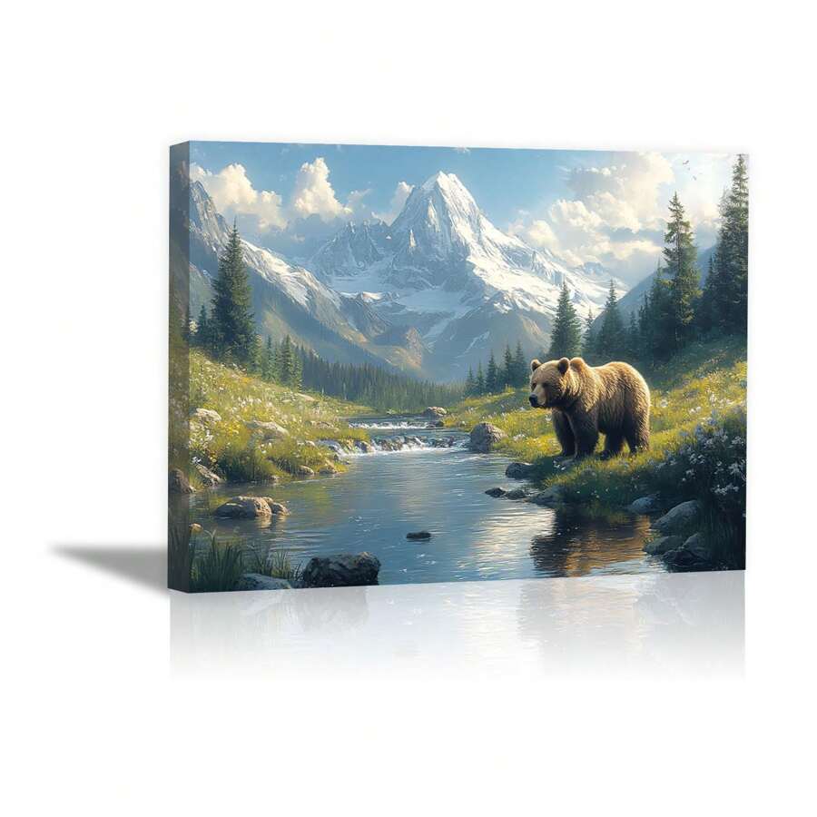 Spring Landscape, Wild Bear Mural, Woodland Animal Mural, Bear In The Mountains, Modern Abstract Minimalist Canvas Mural, For Living Room ,Bathroom,Bedroom, Office, Corridor Home Wall Decor Framed