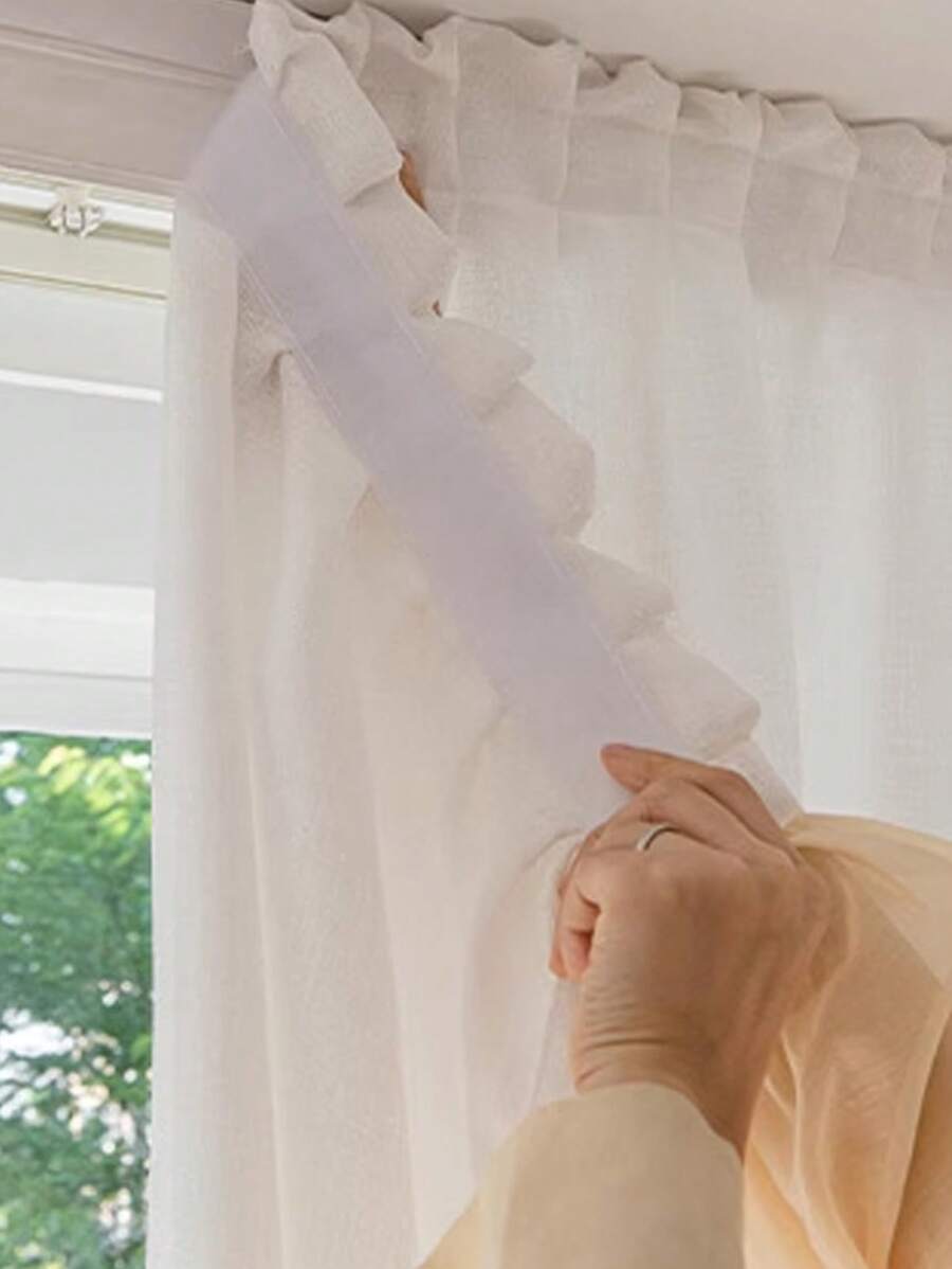 1pc White Hook And Loop Window Curtain, No Need Drilling Installation Self-Adhesive Bedroom Living Room Dining Room Kitchen Partition Curtain, Sunproof, Removable And Washable, Suitable For All Seasons