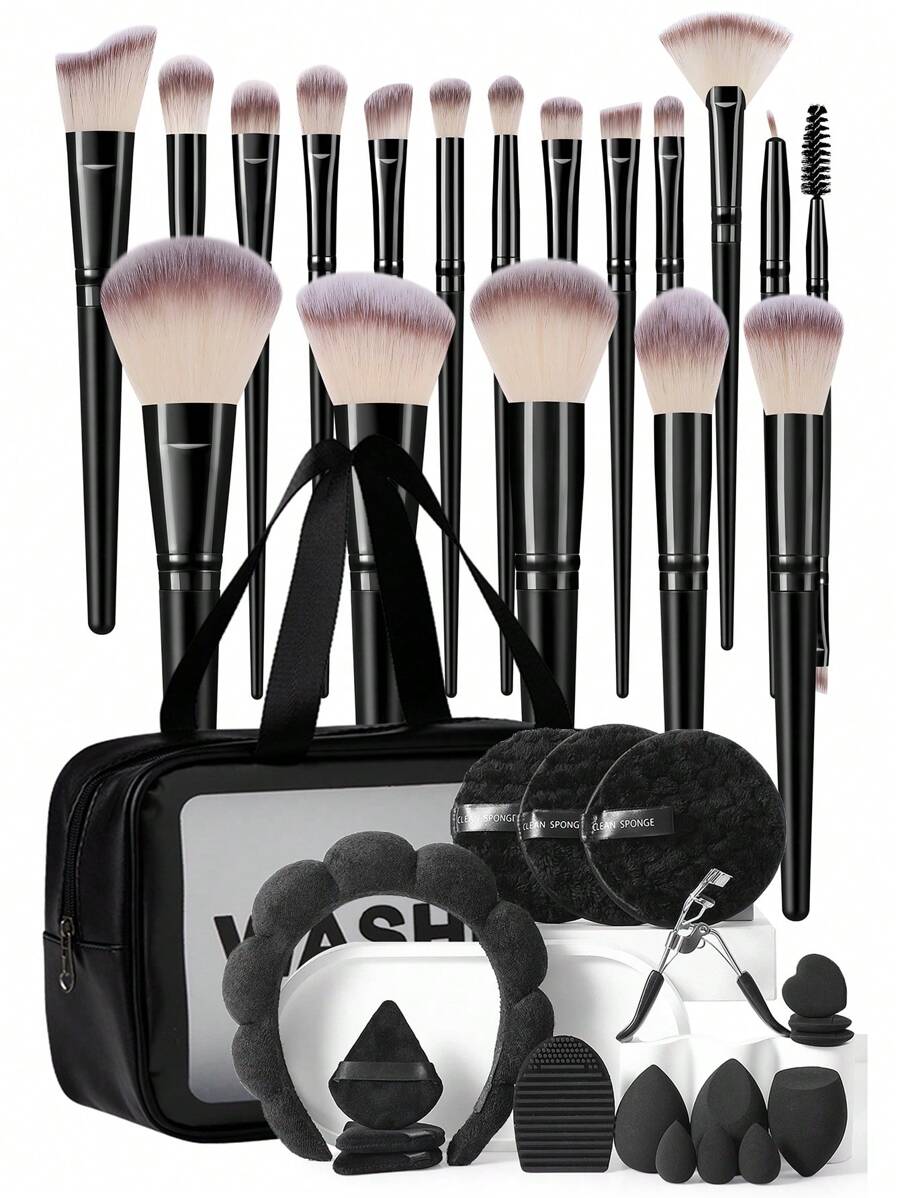 18/36/37pcs Makeup Tools Set, Includes: 1pc Multifunctional Waterproof Zipper Cosmetic Bag + 18pcs Makeup Brushes Set + 3pcs Makeup Sponges + 3pcs Mini Makeup Sponges + 3pcs Triangle Powder Puffs + 3pcs Mini Air Cushion Puffs + 1pc Eyelash Curler + 1pc Hair Band + 3pcs Facial Cleansing Sponges + 1pc Makeup Brush Cleaning Tool