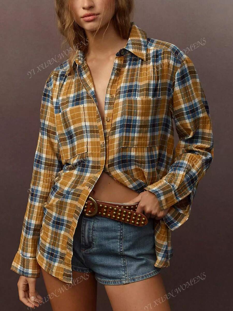 Women's Loose Button Checkered Shirt With Front Pocket, Slouchy Casual Style 