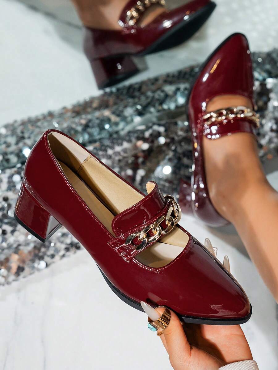 New Slip-On Pumps For Women, Metal Chain Pointed Toe Thick Heels, OL Professional Shoes