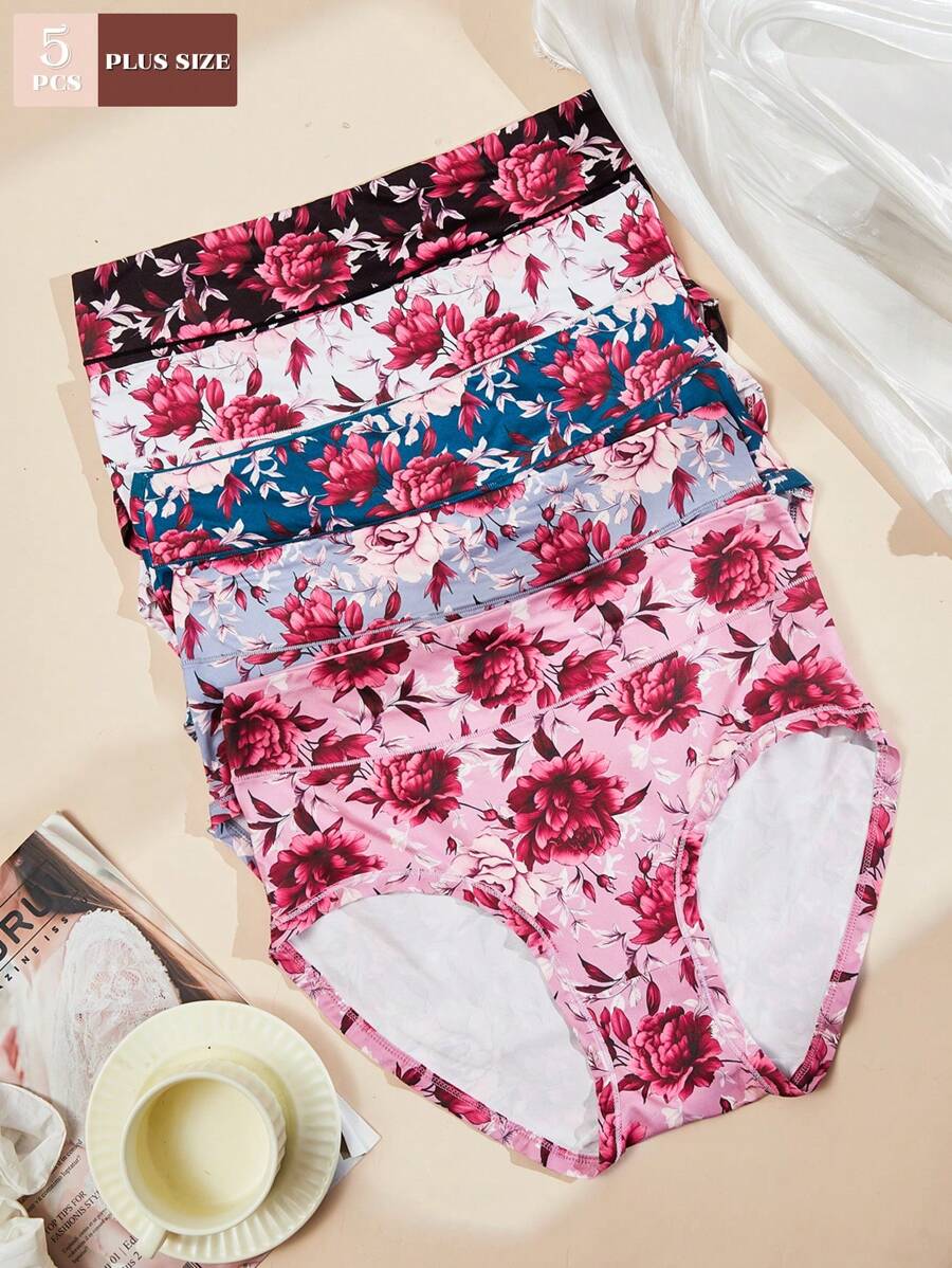 Set de 5 bragas de talla grande para mujeres, de elegante estampado, suaves y transpirables, con cobertura total, aptas para todas las estaciones