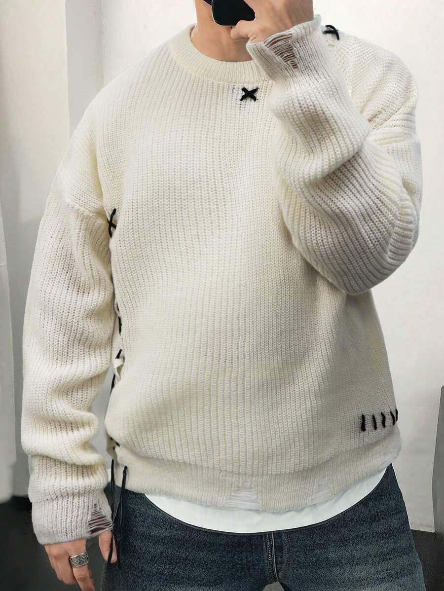 ANDREILEE Spring/Autumn/Winter New Men's Street Fashion Design Handmade Drawstring Hem & Cuff Distressed Fringe Black Simple Long Sleeve Sweater, Unisex Casual Loose Pullover Knit Top