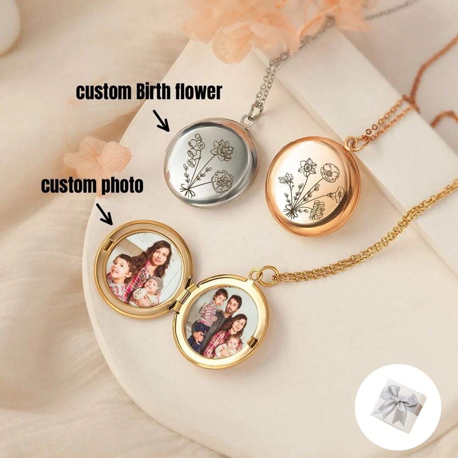Unique Hnadmade Jewelry - Locket Necklace Personalized - Combined Birth Flower Locket - Photo Jewelry With Engraving - Photo Locket Necklace