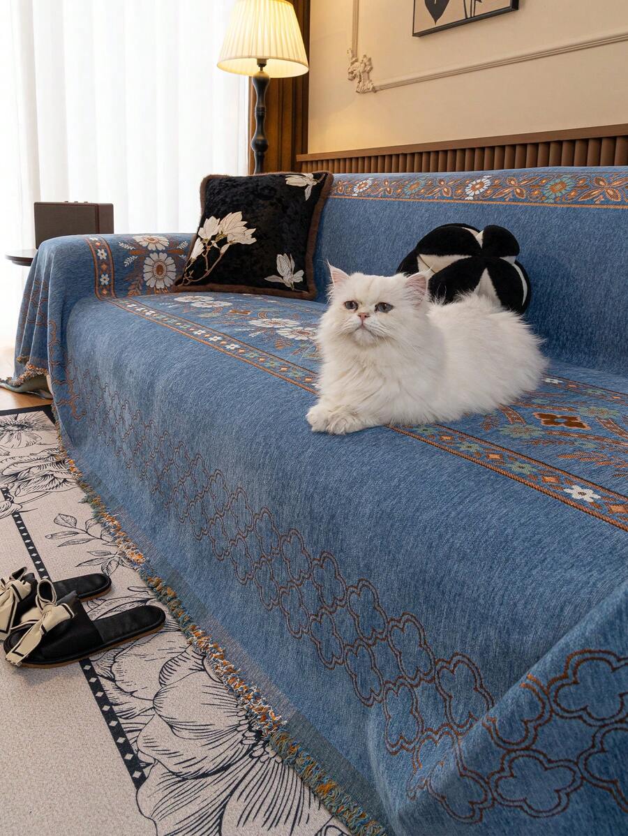 1pc 4-Season Chenille Jacquard Sofa Cover Throw, Bohemian Style Pet Waterproof Anti-Slip Dustproof Sofa Protector, Faux Suede Couch Cover For L-Shape Sofa And 1/2/3/4 Seat Sofa (Sold Individually)