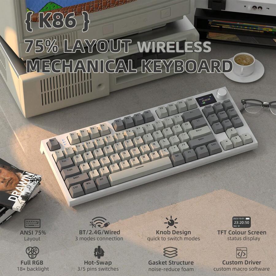 ATTACK SHARK RK86 RGB 75% Wireless Gasket Mechanical Keyboard, Triple Mode Blue Bud 5.0/2.4G/USB-C 82 Keys Hot Swappable Gaming Keyboard 4000 MAH Battery With Knob & 1.2'' HD OLED Display, Custom Linear Switches