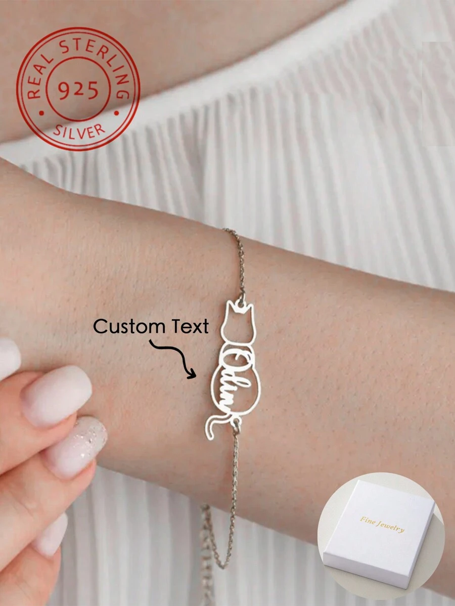 Un bracelet personnalisé en argent 925 minimaliste creux mignon de chat avec nom personnalisé, bracelet personnalisé avec lettre d'animal, cadeau idéal pour Noël, Halloween, anniversaire - parfait pour les amis, les amoureux, la famille
