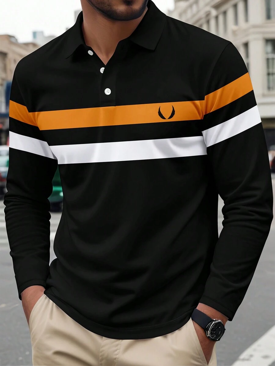 Men's Graphic Print Contrast Color Button Front Long Sleeve Polo Shirt
