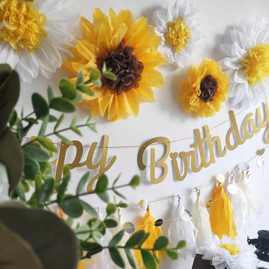 5pcs/10pcs/12pcs,Sunflower Daisy Tissue Paper Pom Poms Flower 12" 8" For Yellow Brown White Themed Birthday Party Sunshine Bridal Country Wedding Party"