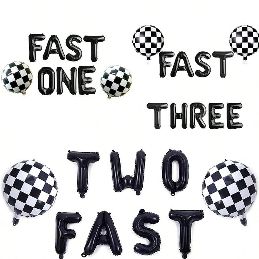 1 zestaw 16 cali Fast One/Two/Three Balloons - Czarno-biały plakat na imprezę urodzinową Racing, flaga w kratkę z motywem wyścigowym, dekoracja imprezy wyścigowej, urodziny wyścigowe w stylu vintage, artykuły na imprezę urodzinową
