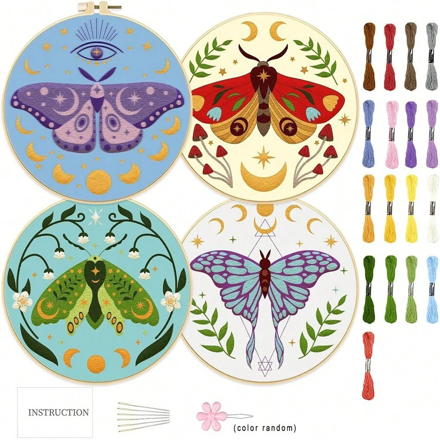 4pcs/Set Creative Colorful Moth Embroidery DIY Kit, Includes 4pcs Printed Embroidery Cloth, Sufficient Threads, 1pc Embroidery Hoop, Embroidery Tools (Random Color) And English Instructions. Easy Stitching, Suitable For Sewing Enthusiasts And Beginners, Can Be Used As Home Wall Art