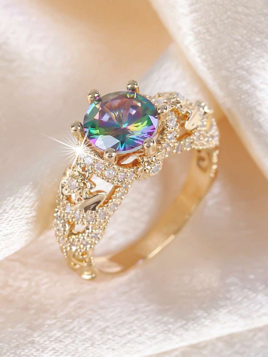 1pc Luxury Sparkly Floral Pattern Classic 6-Prong 7-Color Zirconia Round Ring, For Women, Suitable For Valentine's Day, Dating, Engagement, Wedding, Daily Wear, Party,Mom,Mother,Mother's Day,Gift