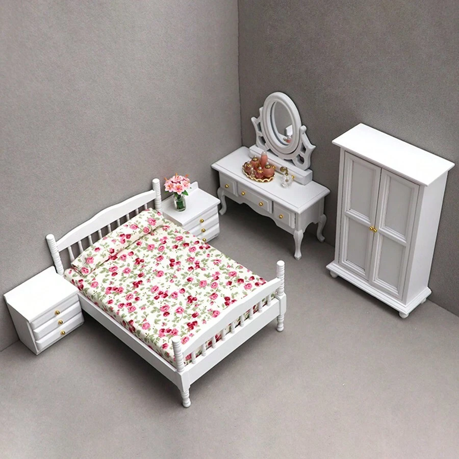 1:12 Scale Dollhouse Bedroom Furniture Set - Bed, Nightstand, Vintage Cabinet, Mini Vanity Table, Wooden Miniature Home Decor Toys, Birthday/Christmas Gift