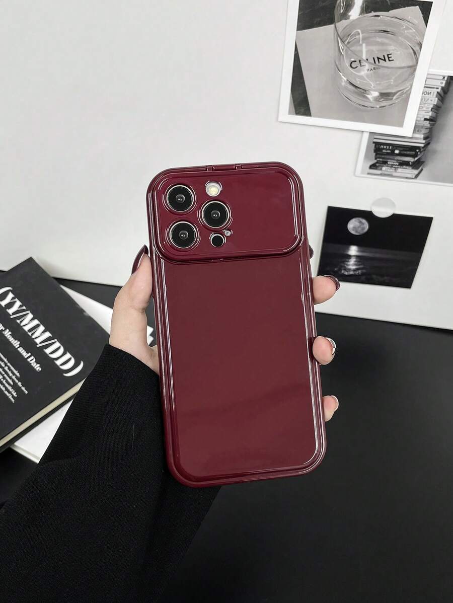 1pc Burgundy Mirror Stand Anti-Fall Phone Case, Minimalist Design, Compatible With IPhone X, XR, XS Max, 11, 12, 13, 13 Pro, 13 Pro Max, 14 Pro Max, 15, 15 Pro, 15 Plus, 15 Pro Max, 16, 16 Pro, 16 Plus, 16 Pro Max, Winter