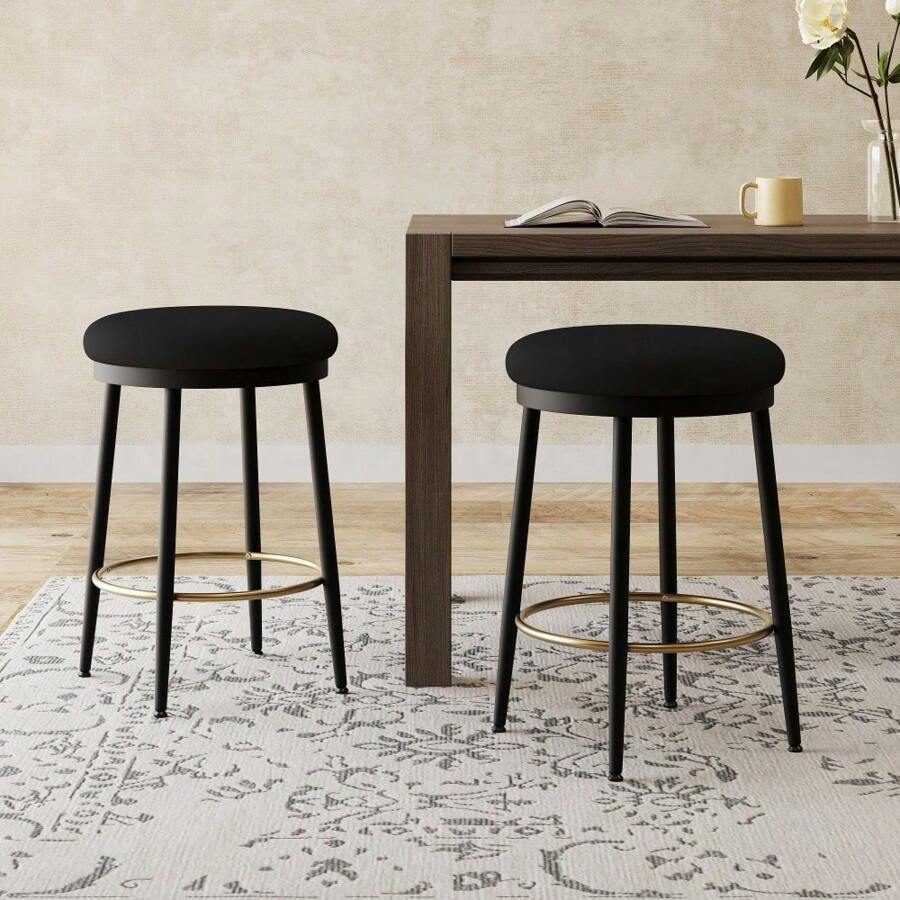 24.75'' Modern Counter Stools Set Of 2,Black Counter Stools With Iron Frame,Sponge Cushion,Footrest,Suitable For Kitchen/Bedroom/Dining Room,TrendyHome