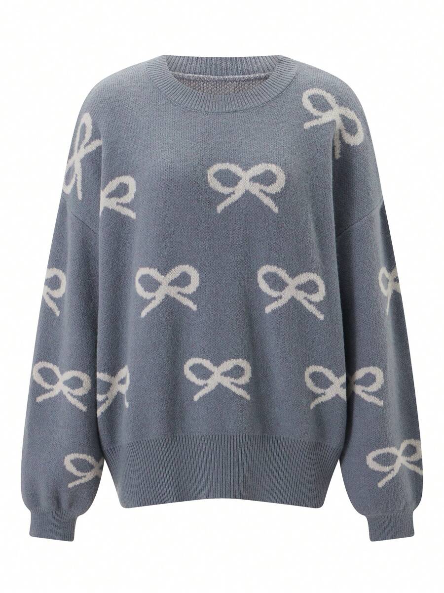 Women Cute Comfy Sweaters Casual Bow Print Warm Long Sleeve Pullover Basic Knitwear For Fall Streetwear